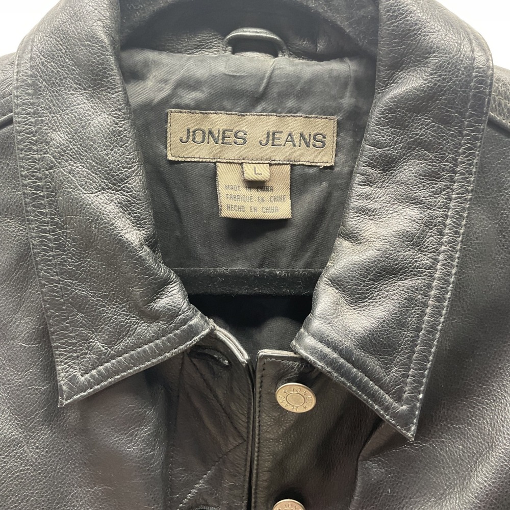 Jones Jeans Black Leather Trucker Jacket Womens Large Button Front Collared L - Picture 2 of 6
